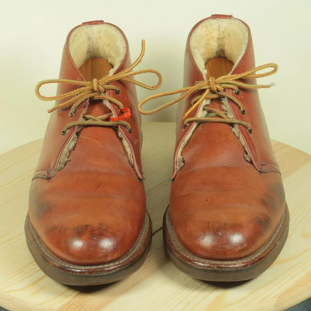 Vintage 80s LL Bean Sherpa Lined Chukka Boots Mens 8.5C Brown Sheepskin Leather